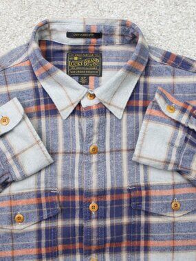 Lucky Brand Shirt Men Small Blue Plaid Untucked Fit Saturday Stretch L/S Western